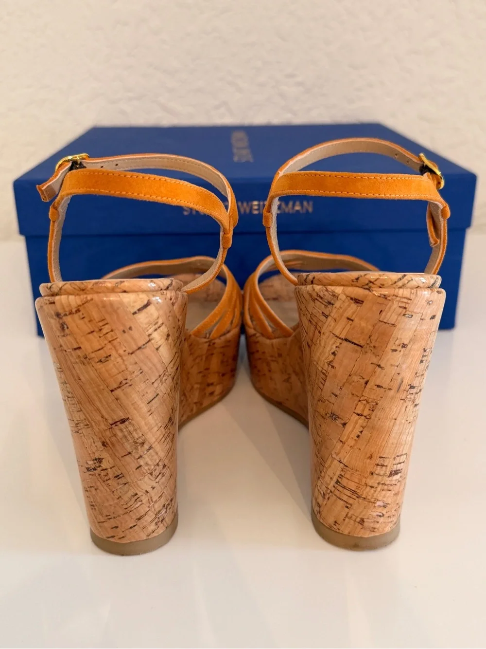 Stuart Weitzman Soiree Orange Suede Cork Wedge Sandals